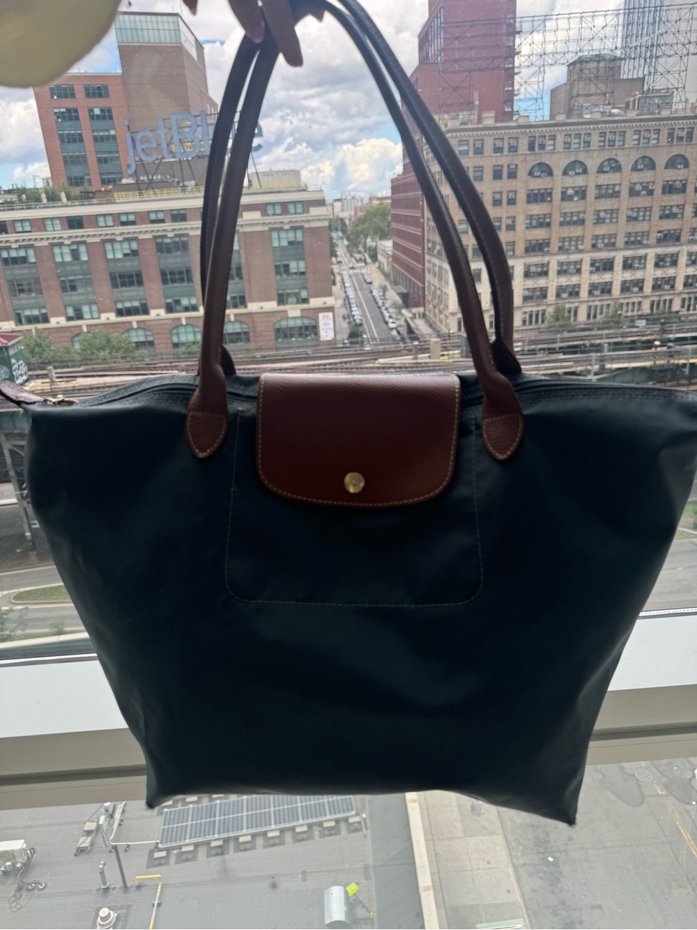 Longchamp Navy Tote with Brown Leather Trim